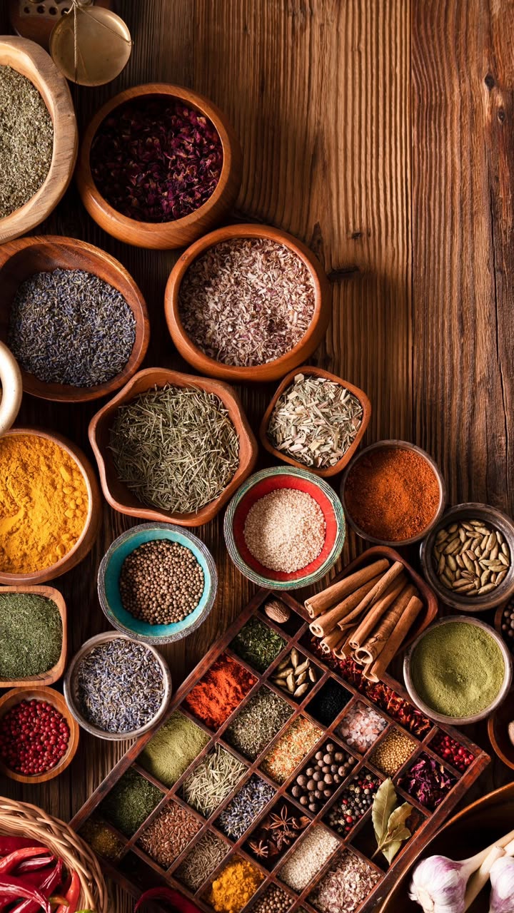 Assorted whole and ground spices in wooden bowls